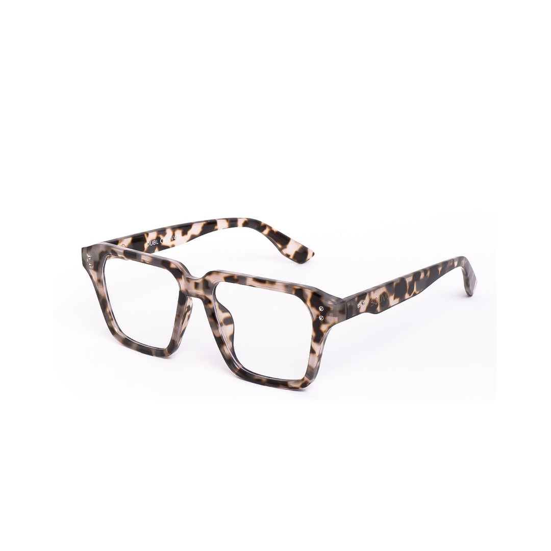 Vista lateral de los lentes DUBL Carey con filtro de luz azul de Solivo — acetato tortoise para pantallas