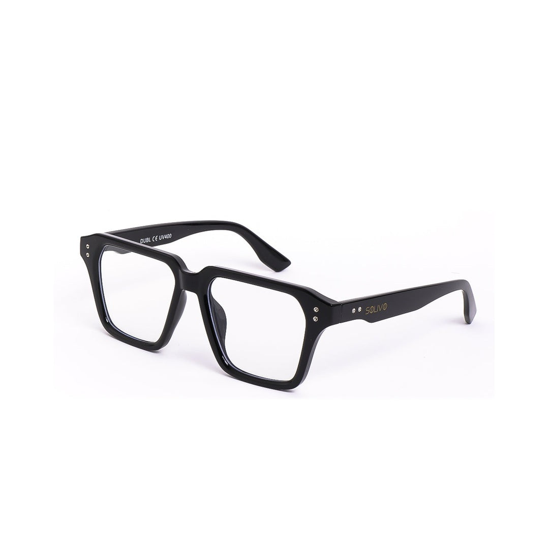 Vista lateral de los lentes DUBL Negro con filtro de luz azul de Solivo — marco ligero para uso diario