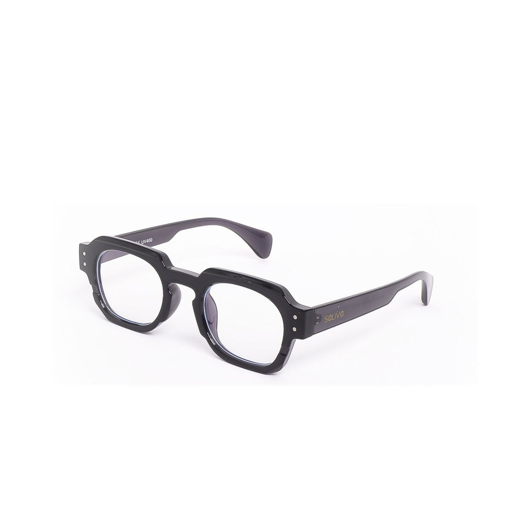 Vista lateral de los lentes Elle Negro Gris con filtro de luz azul de Solivo — diseño contemporáneo para pantallas