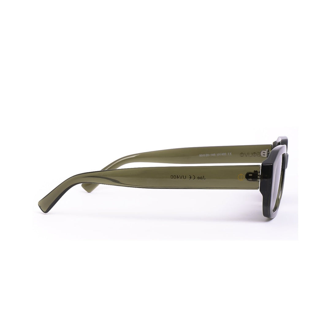 Lentes de sol JAE de Solivo, con diseño moderno y elegante, en color oliva, mostrando la vista lateral que destaca su construcciónduradera y protección UV400.