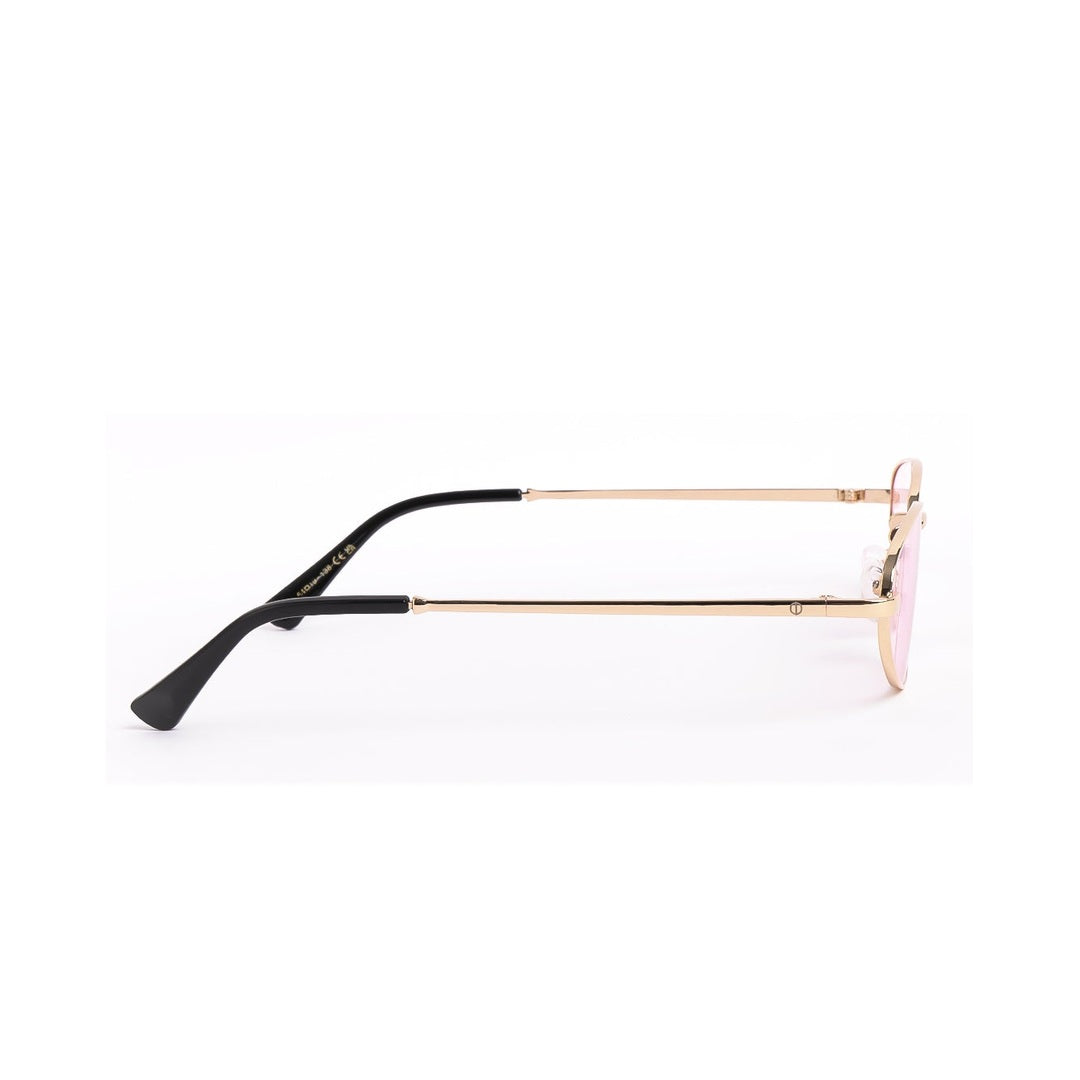 Perfil de los lentes de sol LIMA de Solivo, destacando su estructura dorada y lentes rosados, ideales para una apariencia chic y sofisticada.