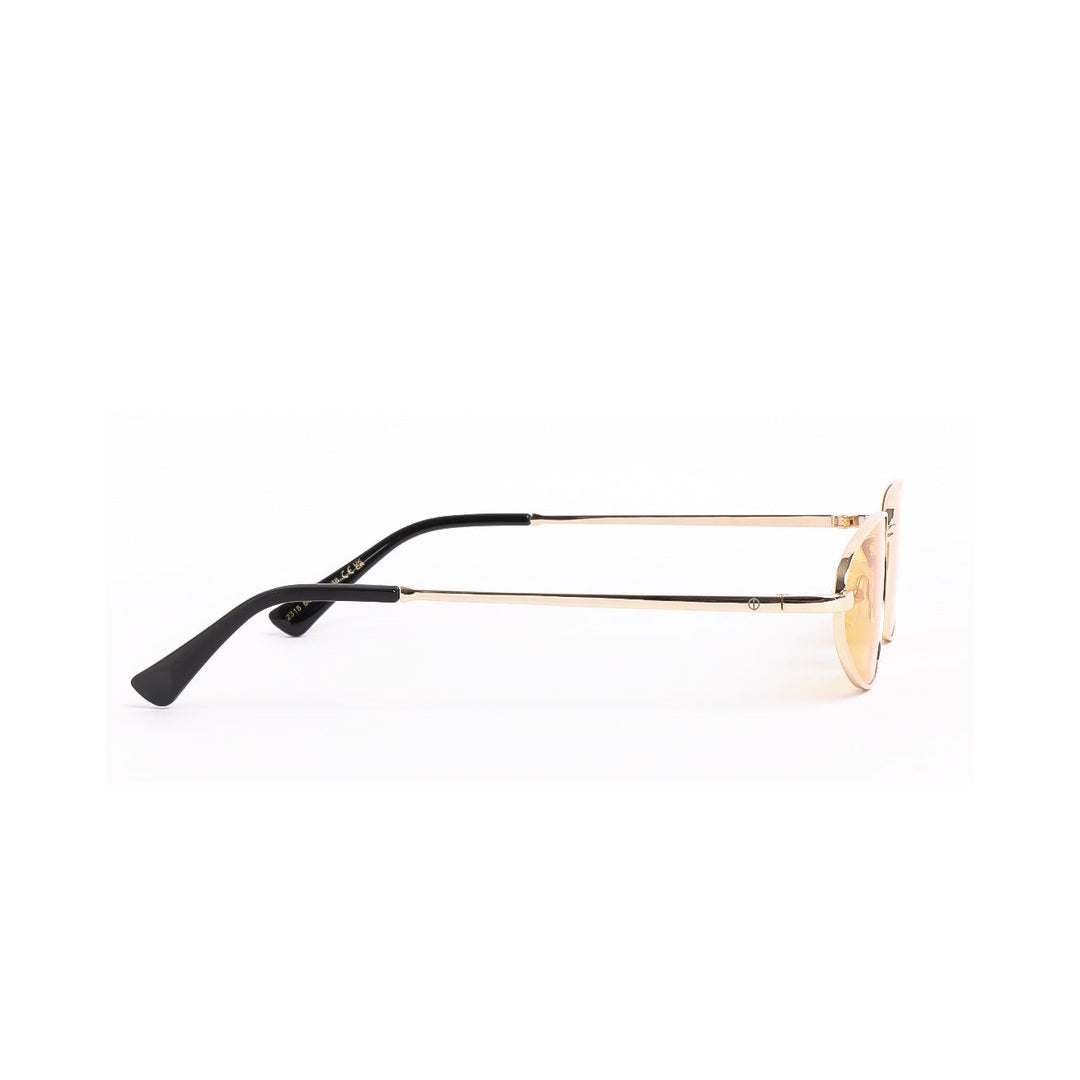 Vista lateral de los lentes de sol LIMA - Amarillo de Solivo, con marco dorado y patillas negras, ideales para un look moderno y sofisticado.