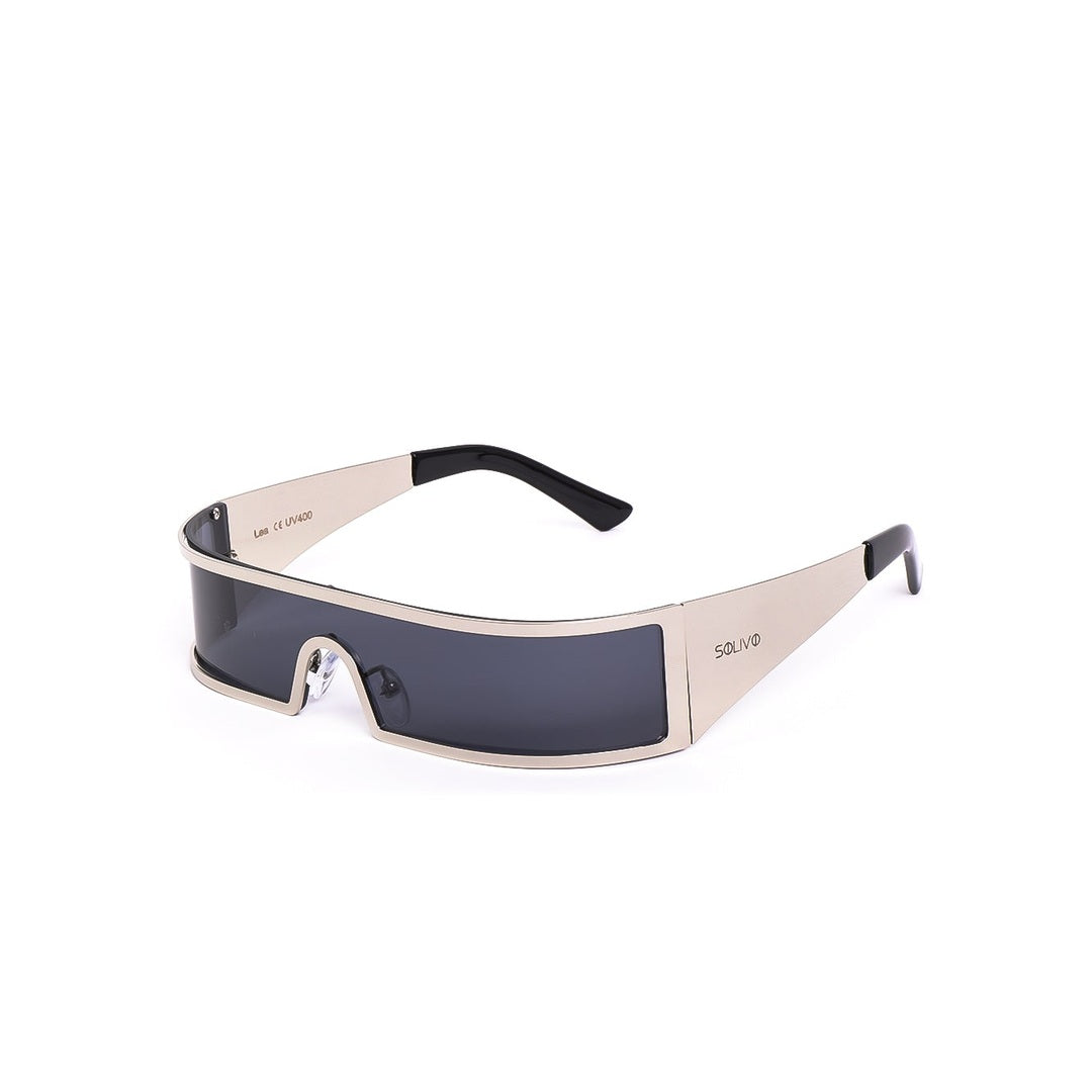 Lentes de sol LEA Plateado de Solivo, vista lateral mostrando su diseño estilizado y detalles únicos en la montura.