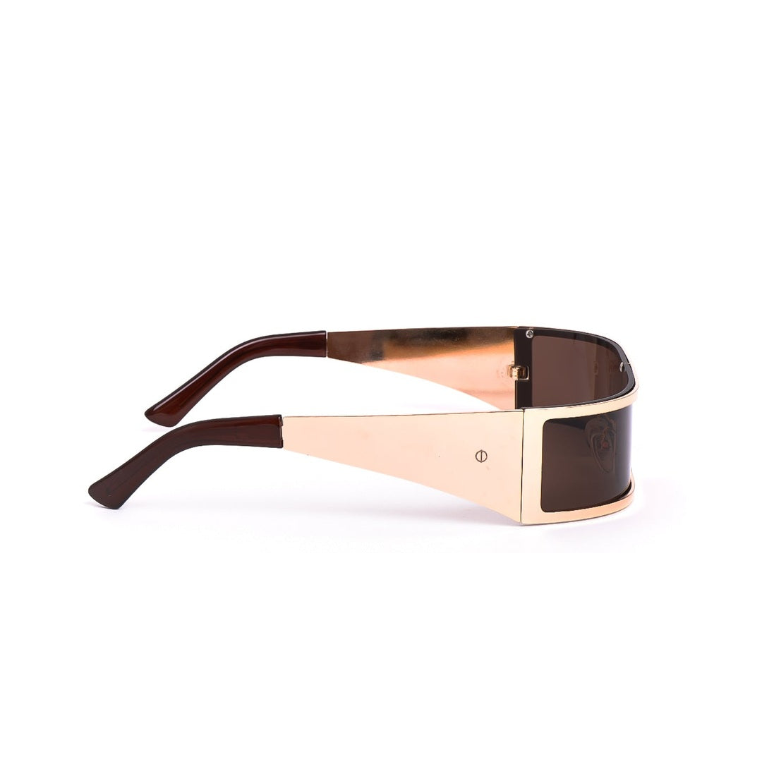 Lentes de sol LEA de Solivo, con diseño elegante y moderno, mostrando la vista lateral con montura dorada y patillas de color marrón.