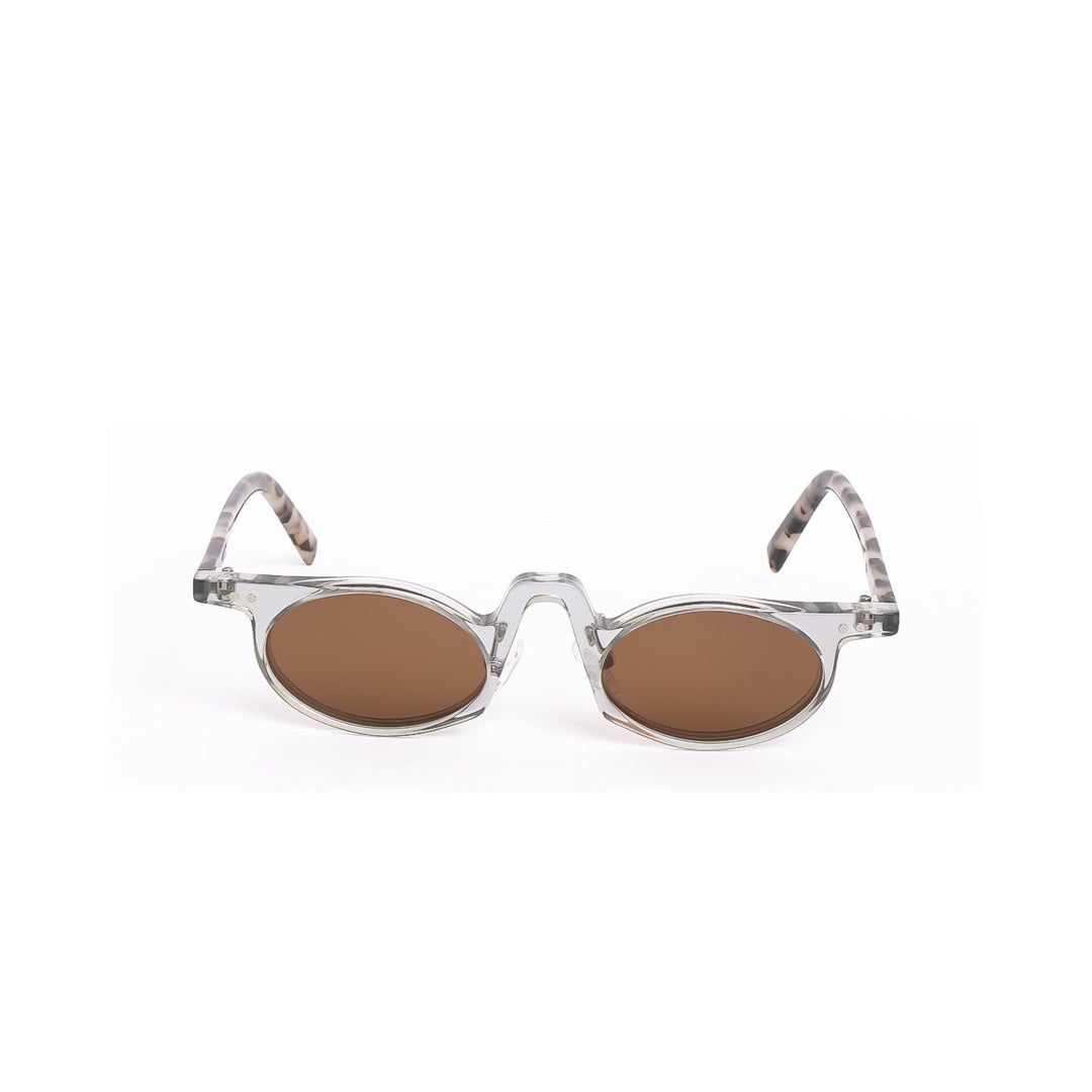 Lentes de sol LEO de Solivo, diseño moderno en color transparente con lentes marrones, ideales para un estilo sofisticado.