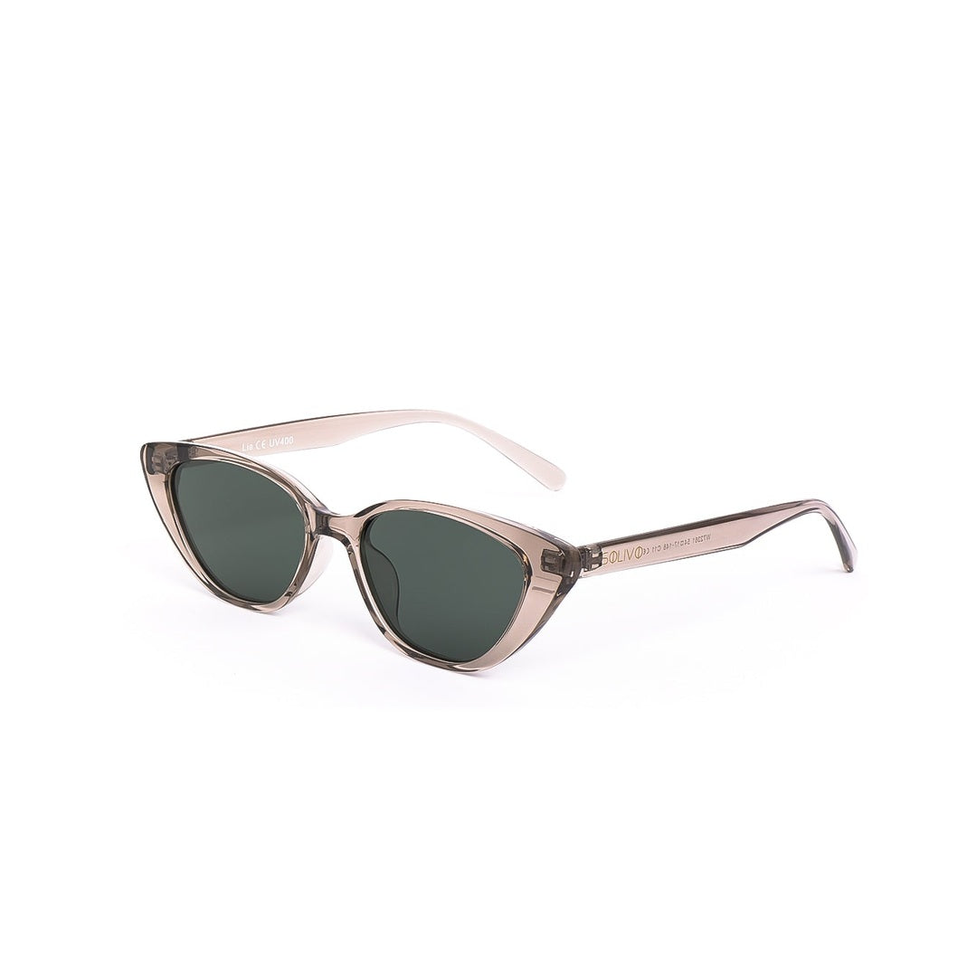 Gafas de sol LIA de Solivo, perfil lateral que muestra su diseño estilizado y color ahumado, ideales para combinar con cualquier atuendo.