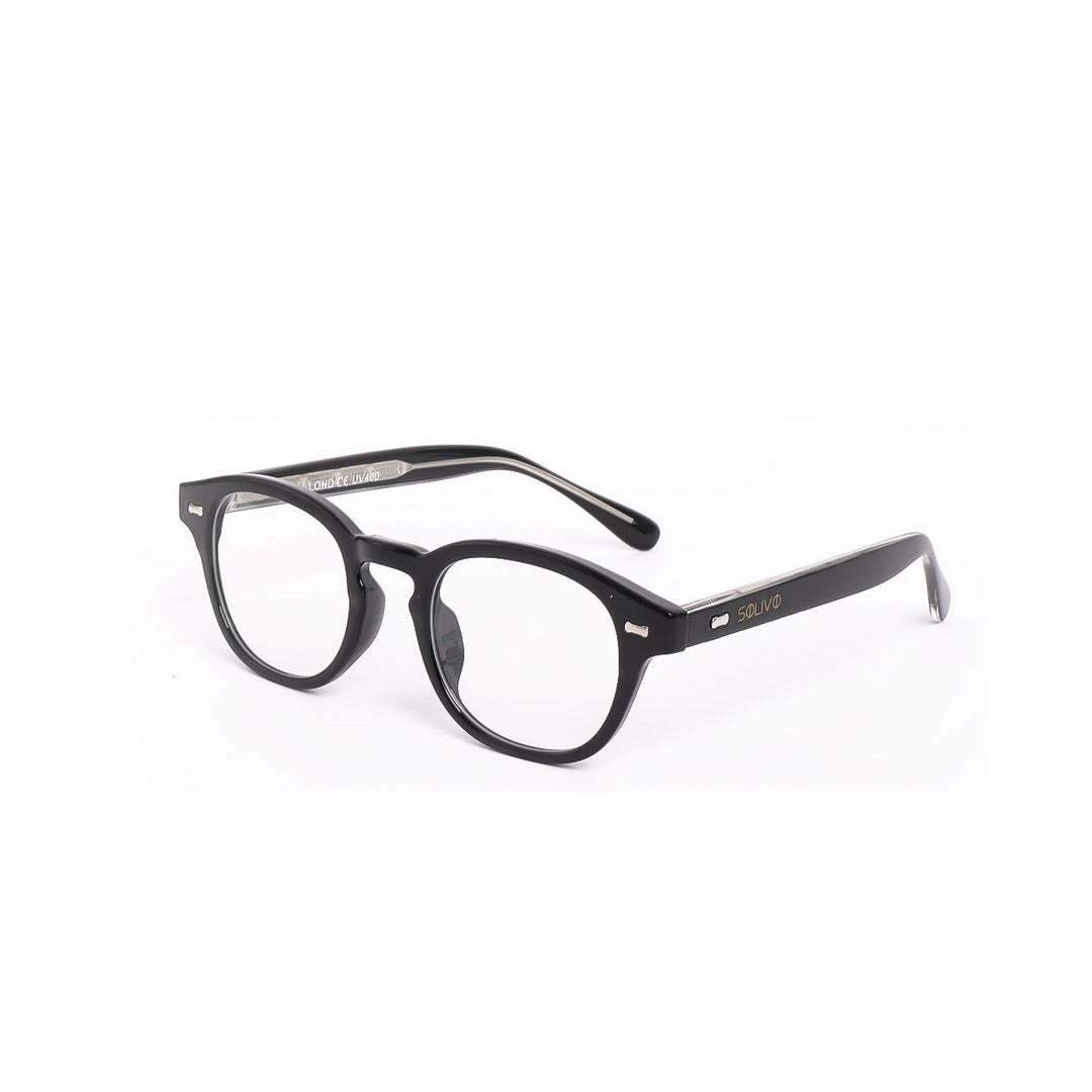 Vista frontal de los lentes LOND Negro con filtro de luz azul de Solivo — diseño moderno para pantallas