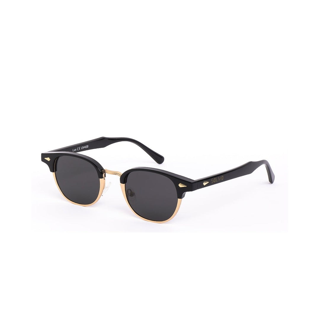 Lentes de sol LUX - Dorado Negro de Solivo, vistos de lado, que combinan estilo moderno con funcionalidad y protección UV400.
