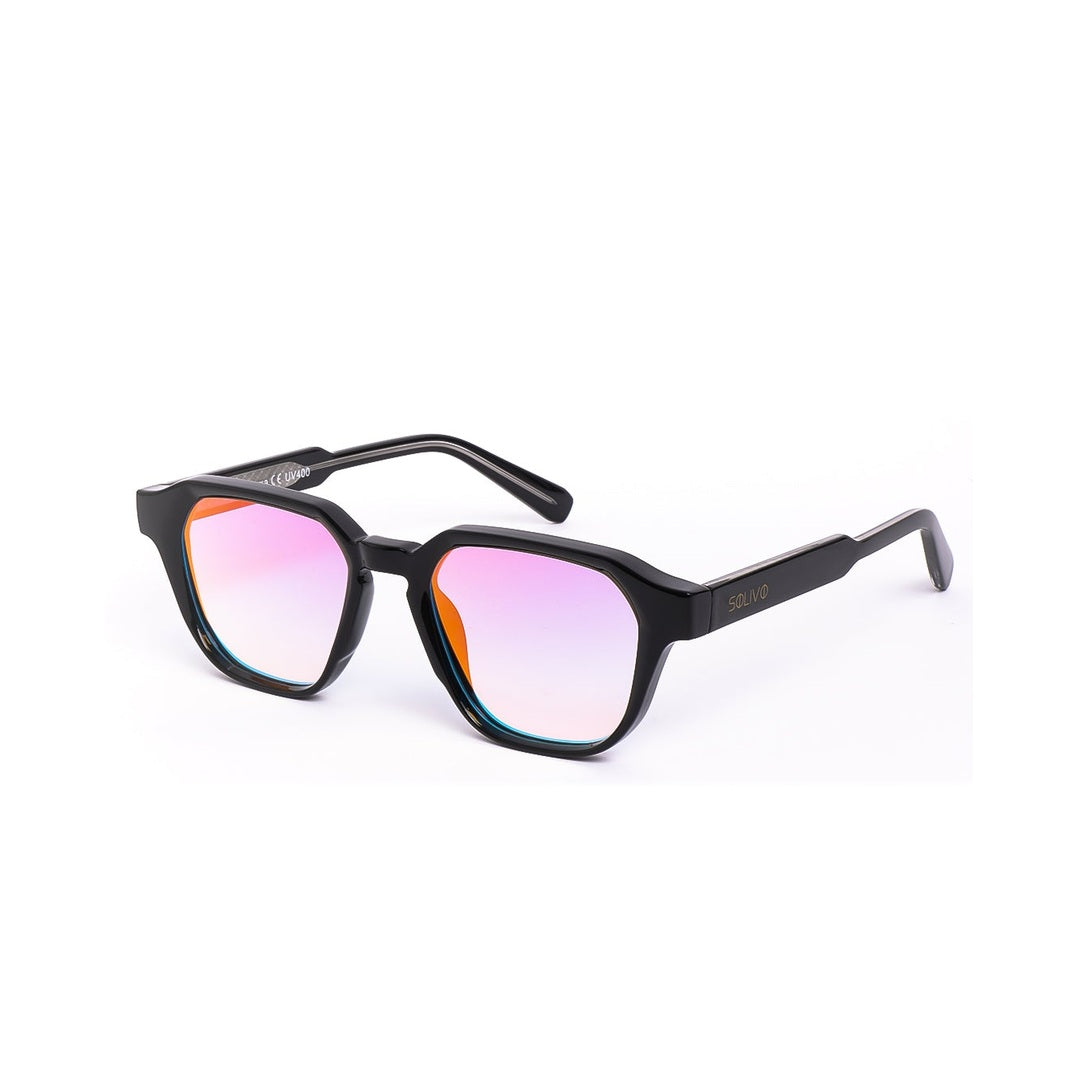 Lentes de sol LUXA - Negro Lila de Solivo, vista lateral con detalle de textura en las patillas y colorido en los lentes, ideales para un look sofisticado.