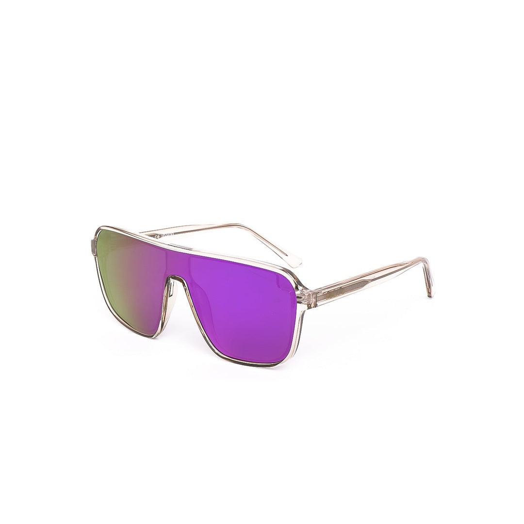 Vista lateral de los lentes de sol MIA de Solivo, con un diseño contemporáneo y cristales en degradé morado, perfectos para proteger tus ojos con clase.