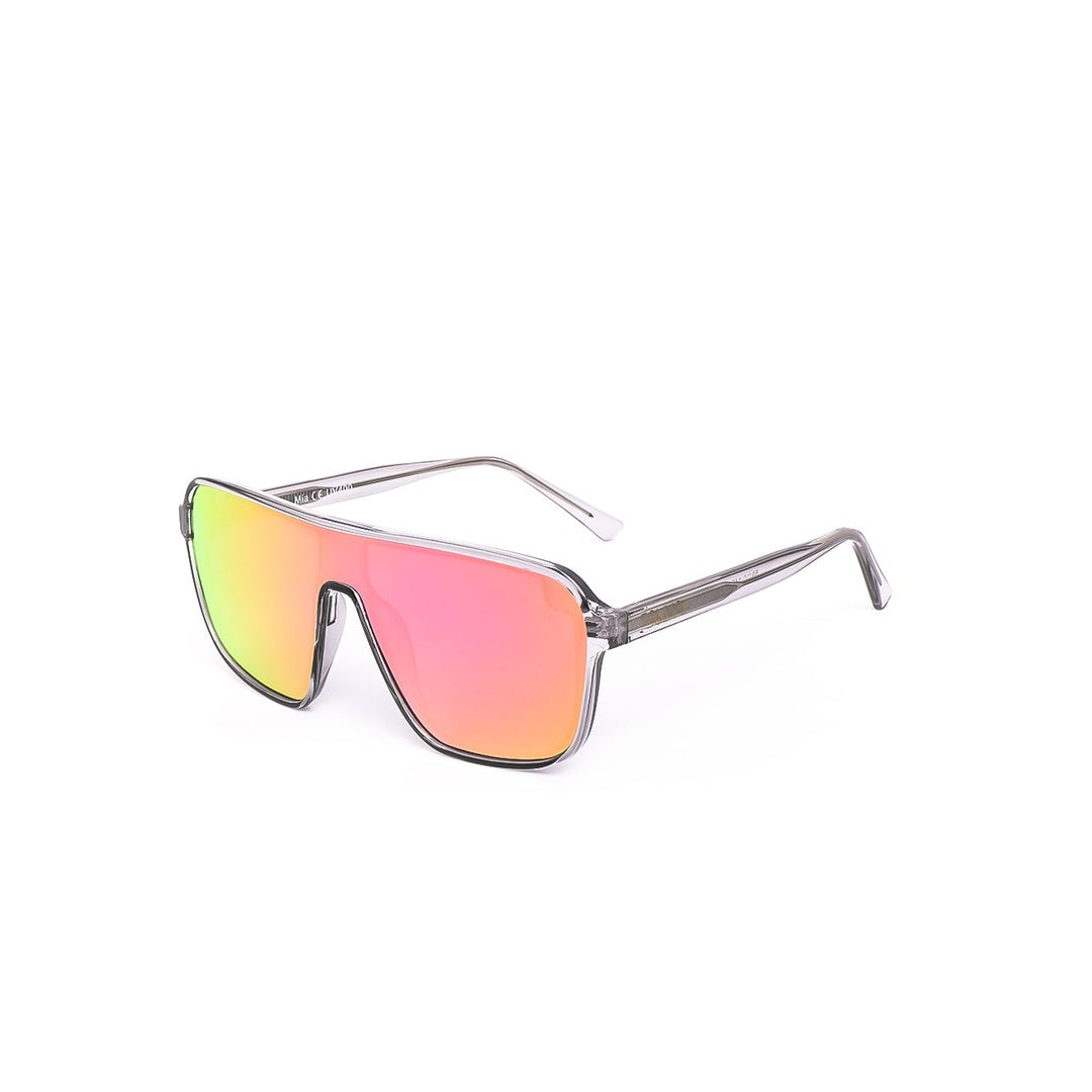 Lentes de sol MIA de Solivo en una vista lateral, mostrando sus lentes espejados en colores verde y amarillo, perfectos para actividades al aire libre.