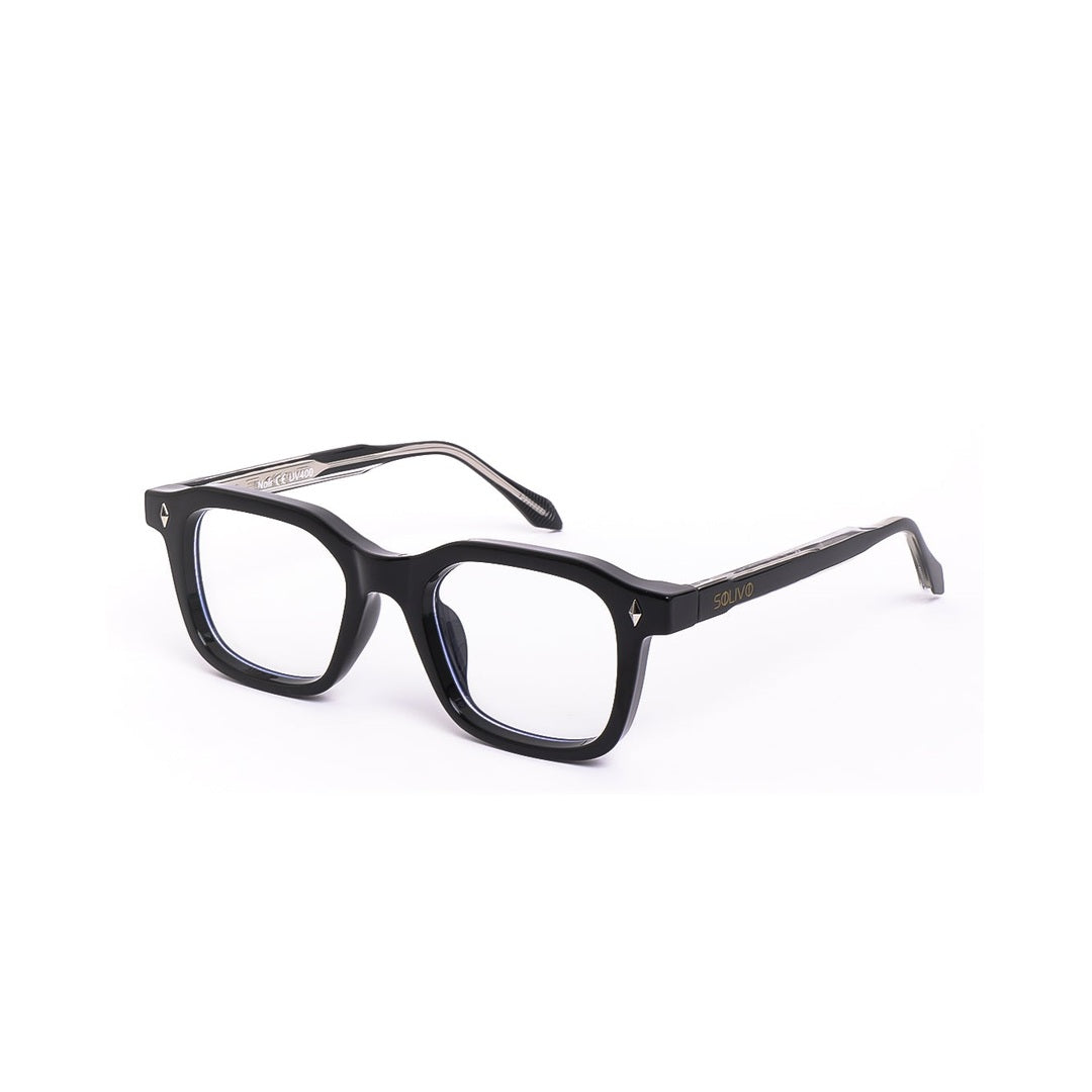 Vista lateral de los lentes Noir con filtro de luz azul de Solivo — acabado negro, para pantallas y uso diario
