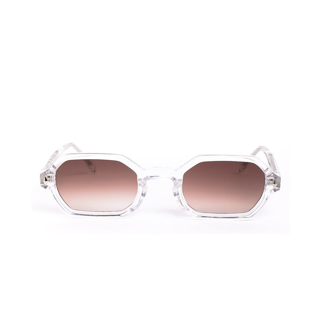 Lentes de sol NYX de Solivo con diseño contemporáneo y marco transparente, ideales para complementar cualquier atuendo de moda.