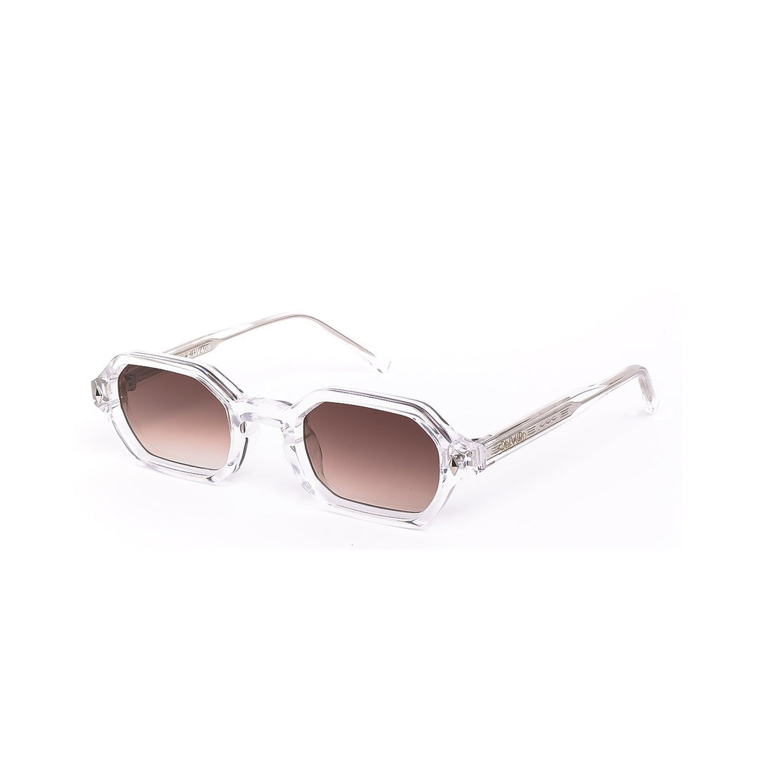 Lentes de sol NYX de Solivo en ángulo, mostrando su elegante forma hexagonal y lentes oscuros que aportan estilo y protección UV.