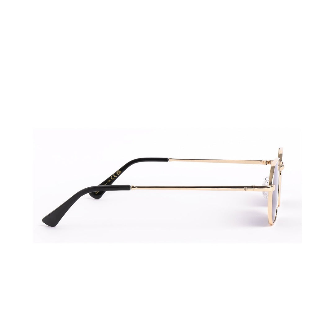 Vista lateral de los lentes de sol OSAK de Solivo, mostrando sus elegantes varillas doradas y detalles en negro, una opción perfecta para los que buscan estilo y funcionalidad.
