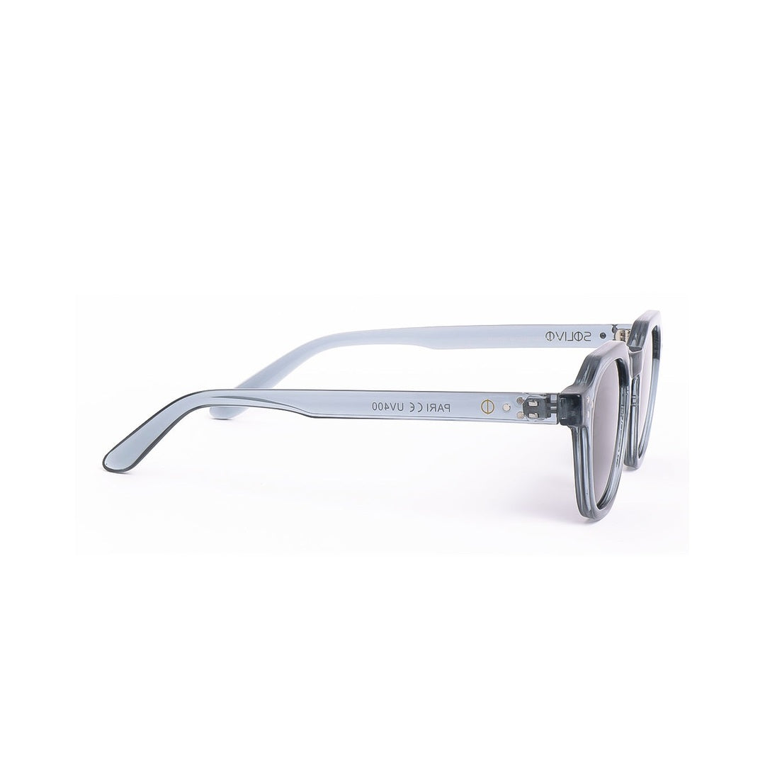 Vista lateral de las gafas de sol PARI de Solivo, mostrando su diseño elegante en azul gris, perfectas para actividades al aire libre.
