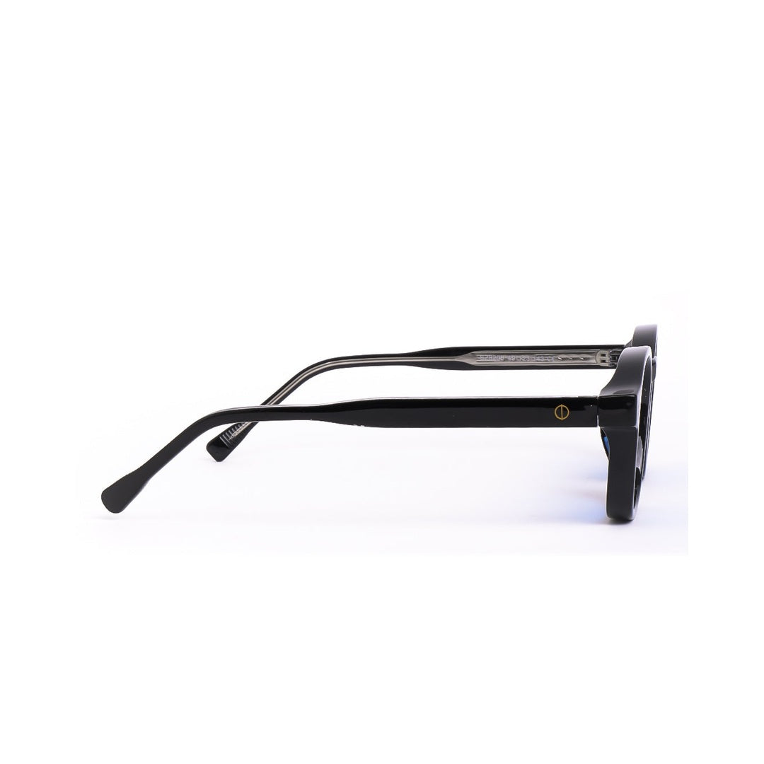 Perfil de los lentes de sol REM de Solivo mostrando su sofisticado diseño y detalles en negro con azules, perfectos para cualquier ocasión.