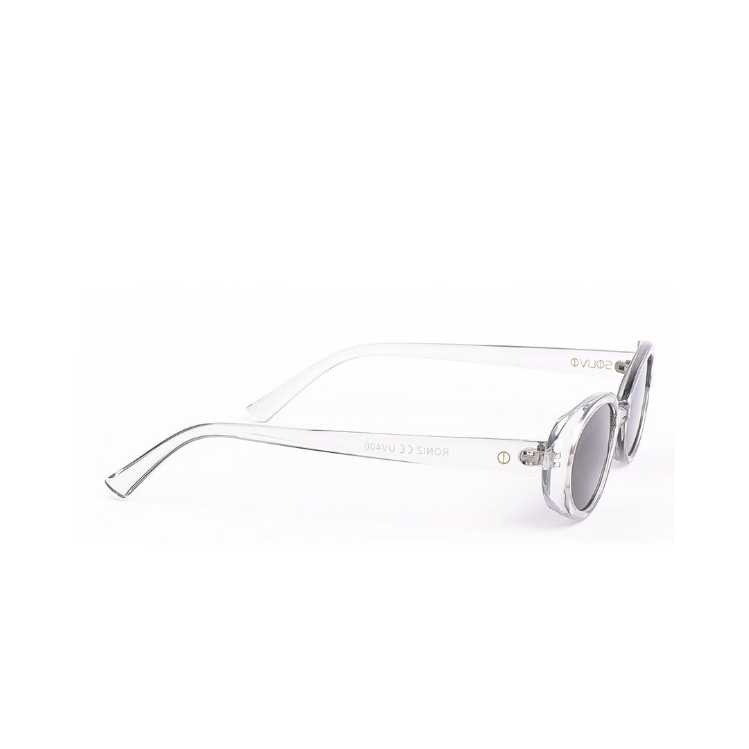 Detalles de las gafas de sol RONIZ - Cristal de Solivo, mostrando las patillas transparentes y el logotipo de la marca.