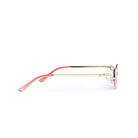 Vista lateral de las gafas de sol TOKY Morado de Solivo, con patillas doradas y detalles rojos.