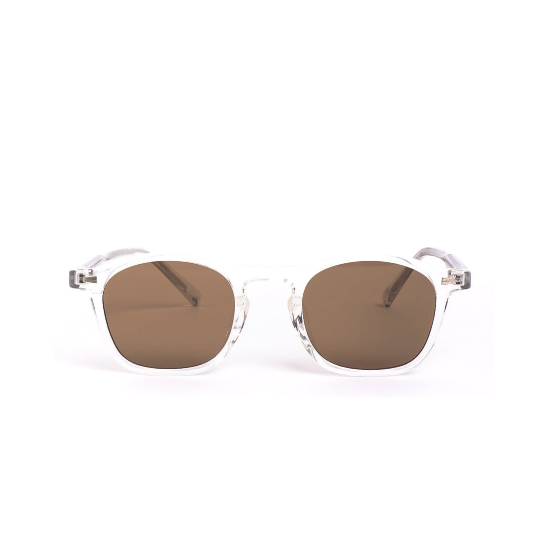 Lentes de sol VIEN de Solivo, con diseño moderno y elegante, lentes marrones en un marco transparente.