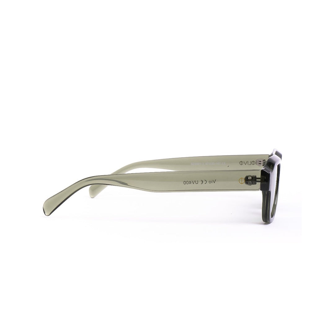 Vista lateral de los lentes de sol Vio de Solivo, destacando su protección UV400 y diseño contemporáneo.