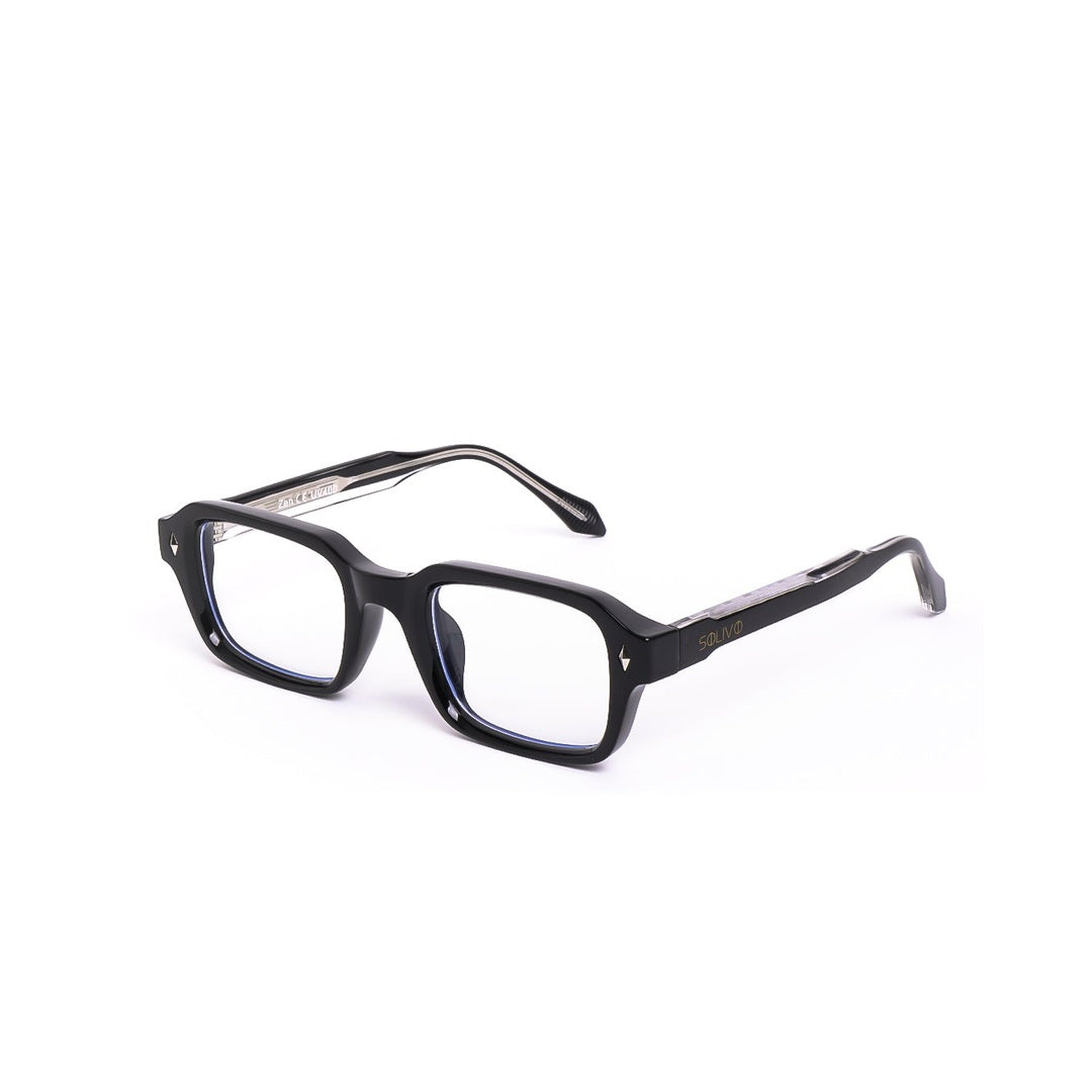 Lentes de sol ZEN de Solivo en color negro, mostrando un ángulo lateral con detalles sofisticados y estructura de alta calidad.