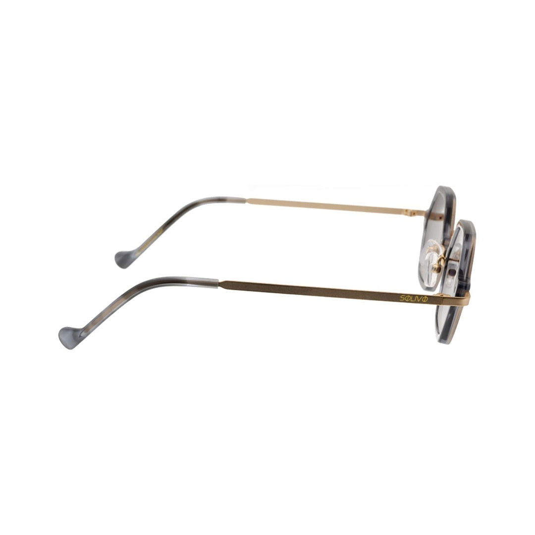 Vista lateral de los lentes de sol DIJ Dorado Gris de Solivo Eyewear — detalle metálico y protección UV400