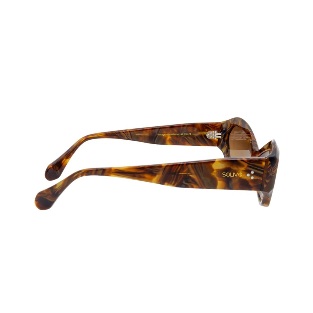 Vista lateral de los lentes de sol DIVA Nogal de Solivo Eyewear — varillas de acetato, protección UV400