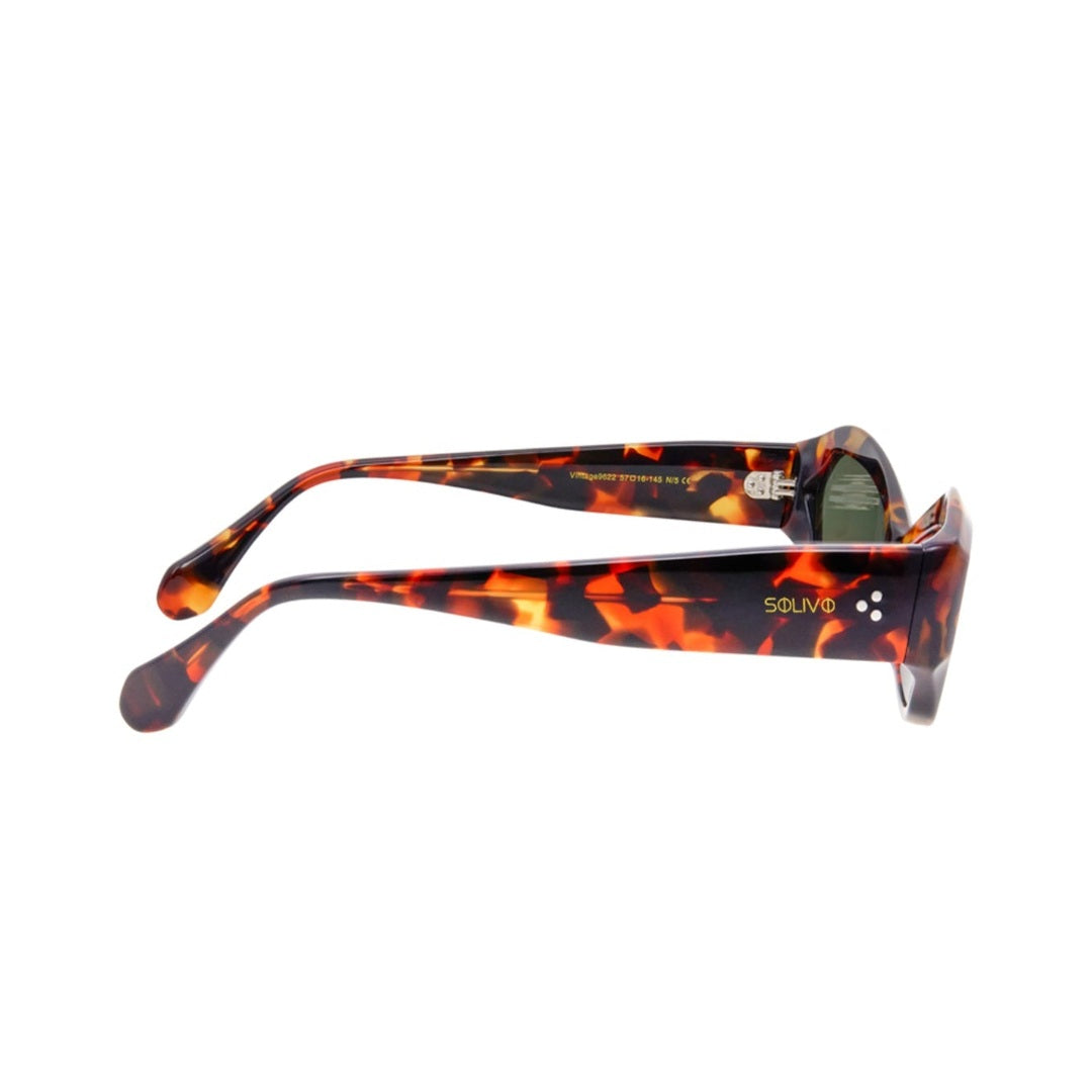 Vista lateral de los lentes de sol DIVA Fuego de Solivo Eyewear — varillas de acetato, protección UV400