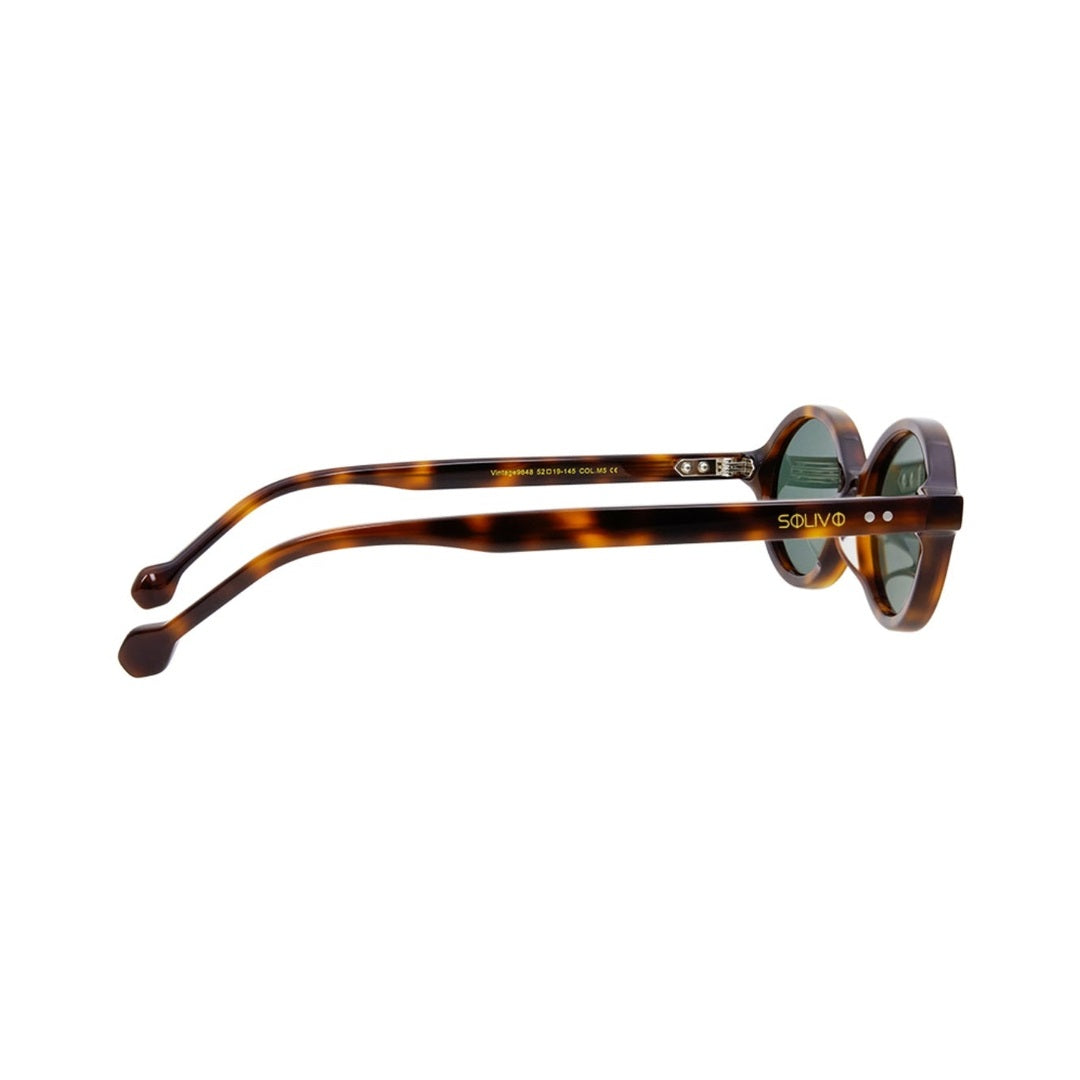 Vista lateral de los lentes de sol Hiko Carey Oliva de Solivo Eyewear — varillas de acetato, protección UV400