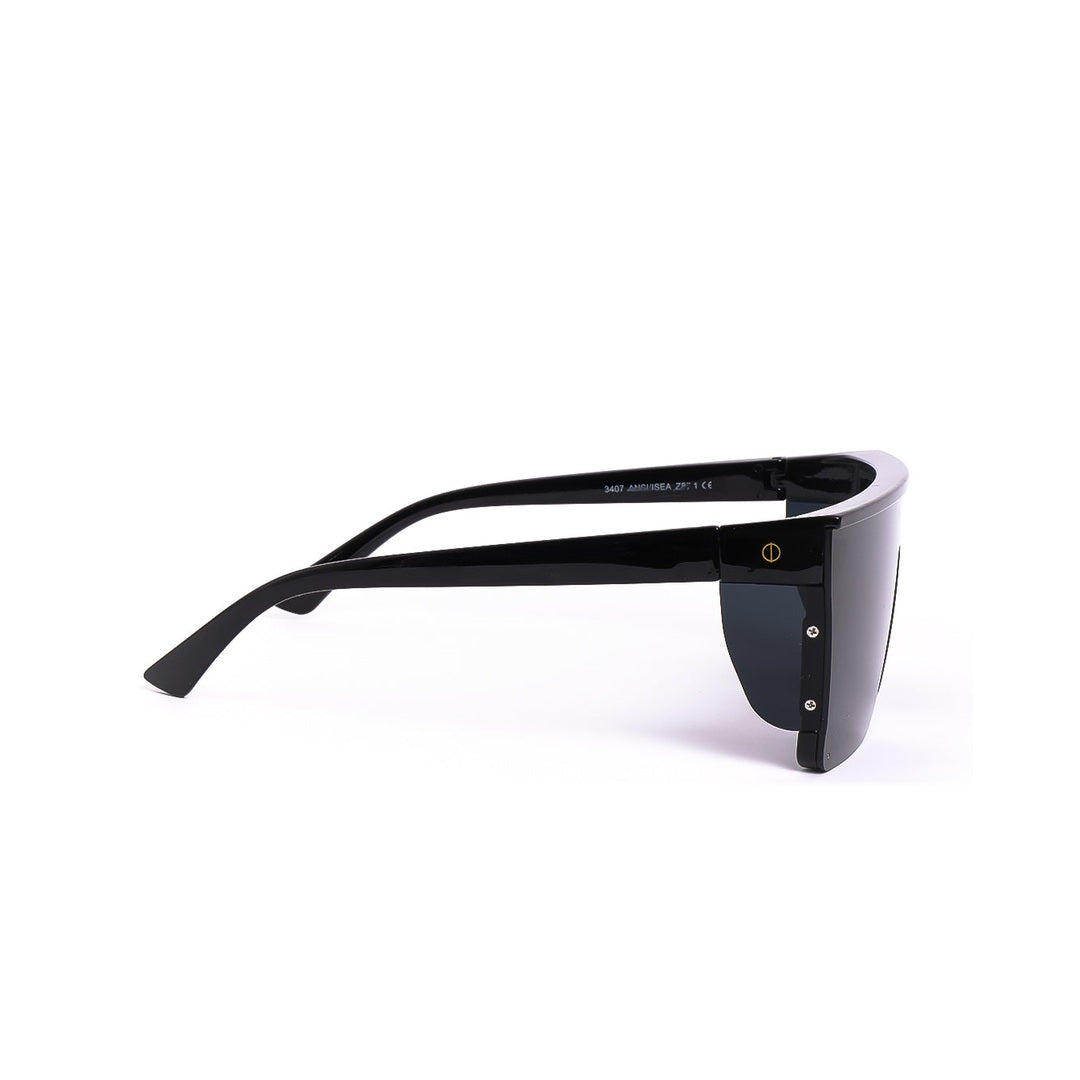 Vista lateral de los lentes de sol LVY negros de Solivo, destacando sus detalles elegantes y protección UV400.