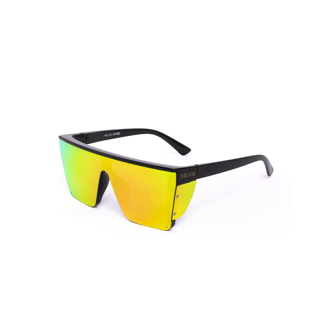 Lentes de sol LVY de Solivo, con un diseño elegante y moderno en negro y amarillo, perfectos para un look contemporáneo.