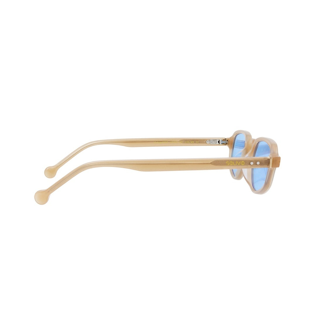 Vista lateral de los lentes de sol KIRI Beige Azul de Solivo Eyewear — varillas de acetato, protección UV400