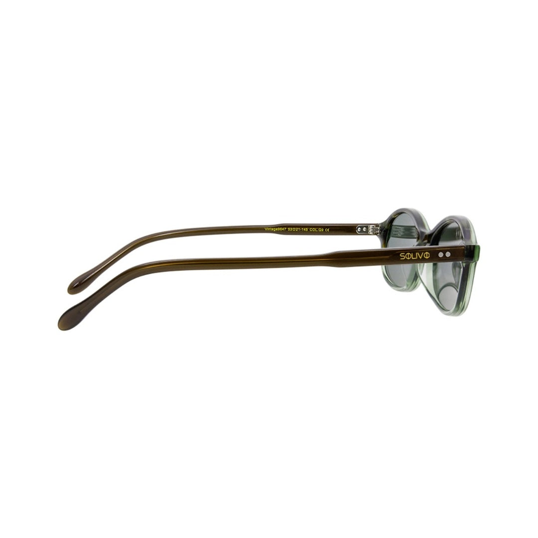 Vista lateral de los lentes de sol MEI Oliva de Solivo Eyewear — varillas de acetato, protección UV400