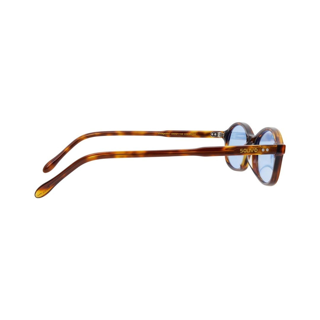 Vista lateral de los lentes de sol MEI Carey de Solivo Eyewear — varillas de acetato, protección UV400
