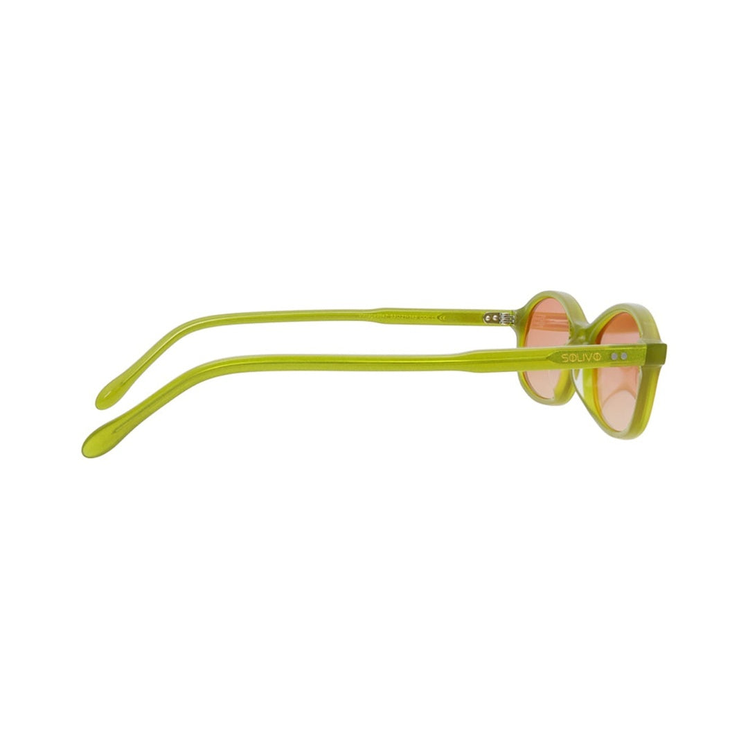 Vista lateral de los lentes de sol MEI Verde Naranja de Solivo Eyewear — varillas de acetato, protección UV400