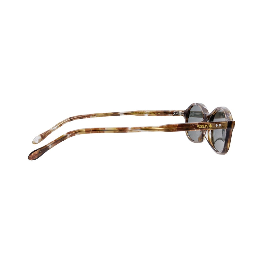 Vista lateral de los lentes de sol MEI Nogal Oliva de Solivo Eyewear — varillas de acetato, protección UV400