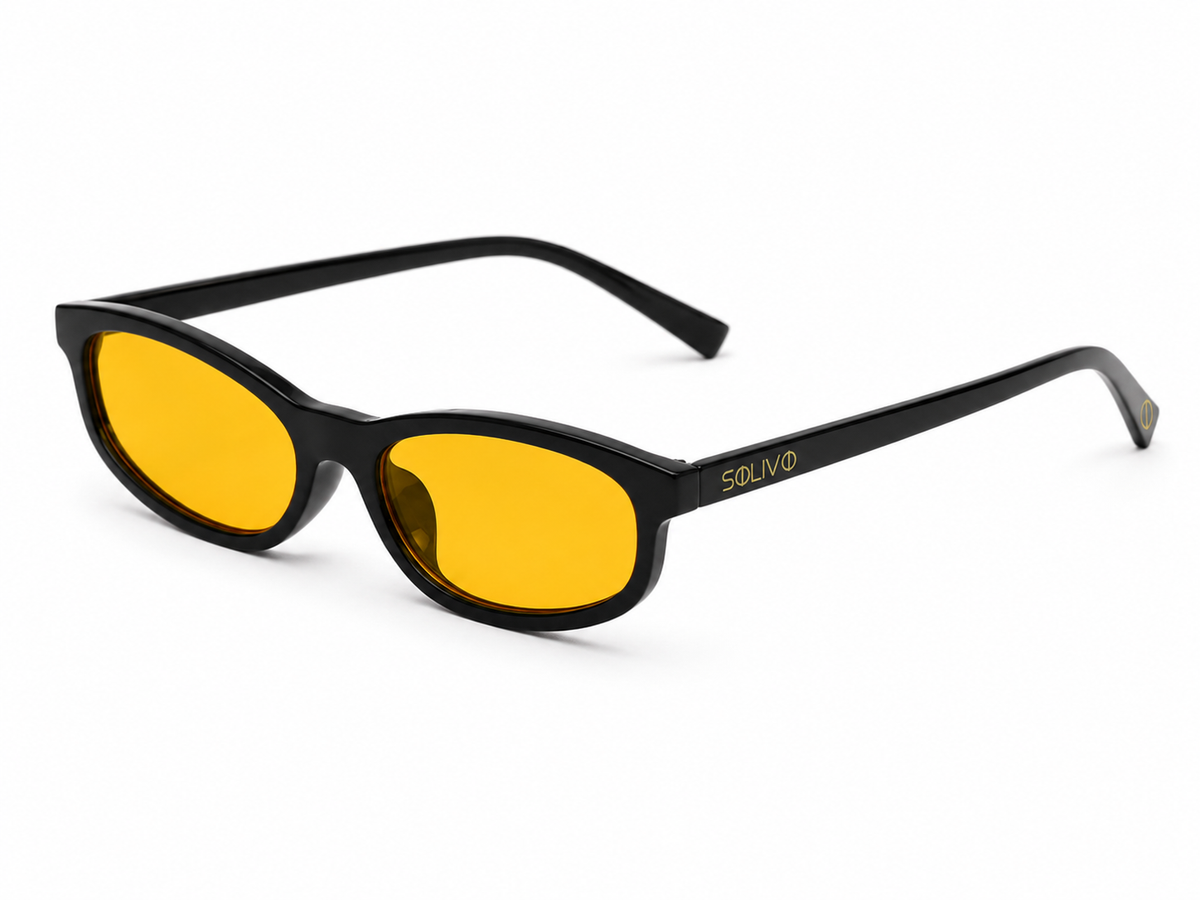 Gafas SOFI Negro Amarillo de Solivo, vista de tres cuartos sobre fondo blanco