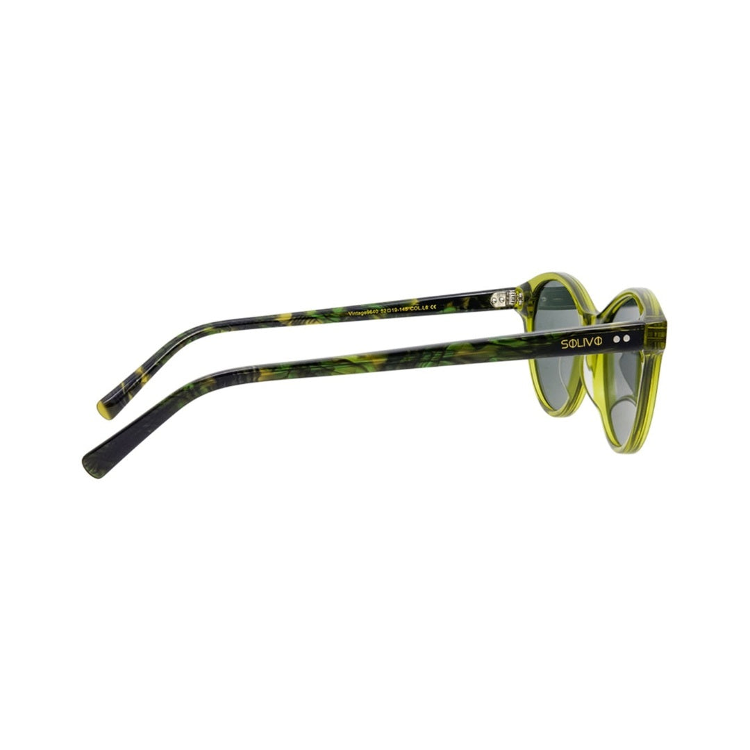 Vista lateral de los lentes de sol STEF Oliva de Solivo Eyewear — varillas de acetato, protección UV400