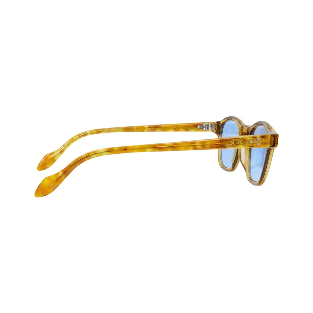 Vista lateral de los lentes de sol SUKI Miel Celeste de Solivo Eyewear — varillas de acetato, protección UV400